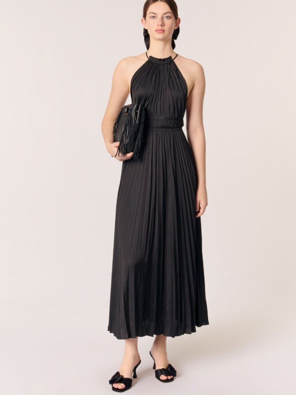 Maje Villy Halter Neck Maxi Dress Black Pleated Satin Dinner Date Wedding Sz 34